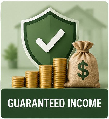 Guaranteed income — shield with checkmark, coins, and money bag